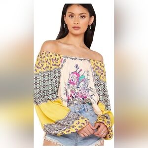 Free People Womens Printed Off-The-Shoulder Pullover‎ Top Size XS (fits larger)
